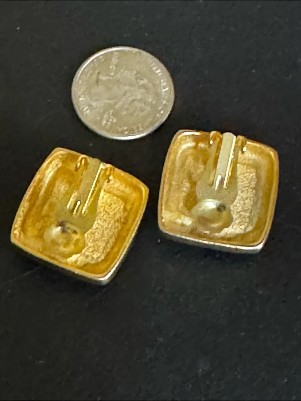 Vintage FLP Gold Tone Square Clip-On Earrings with Amber Cabochons